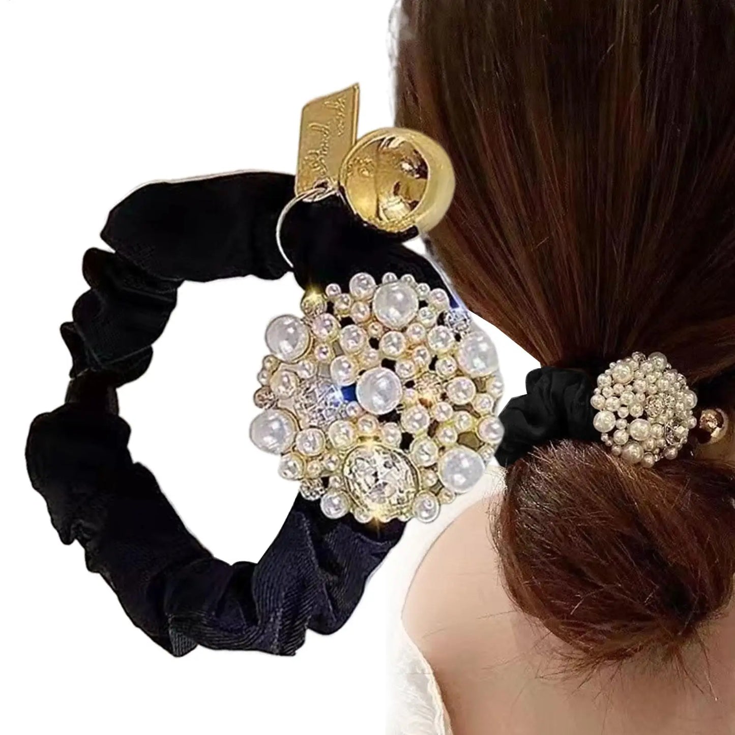 Pearl Rhinestone Hair Scrunchie – Luxury Floral Elastic Hair Tie