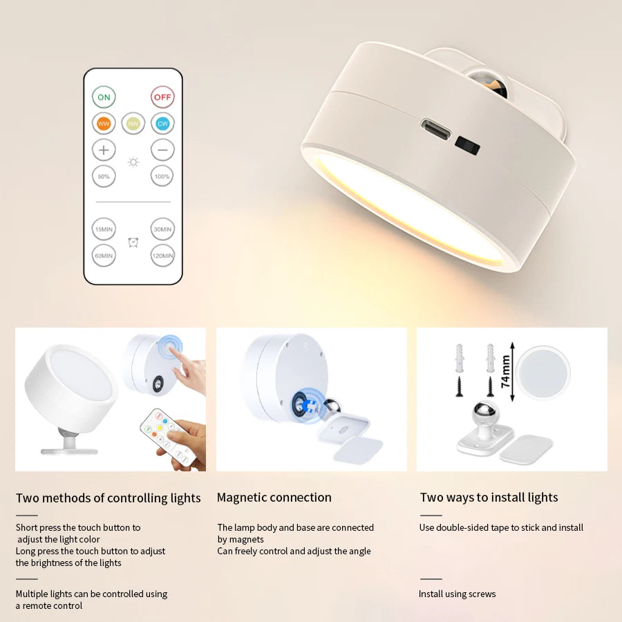 360°Rotatable LED Wall Lamp Rechargeable RGB&3Color Magnetic LED Spotlight Touch Remote Control For Bedroom Living Room Lighting Peaceful Pleasures Health and Wellness