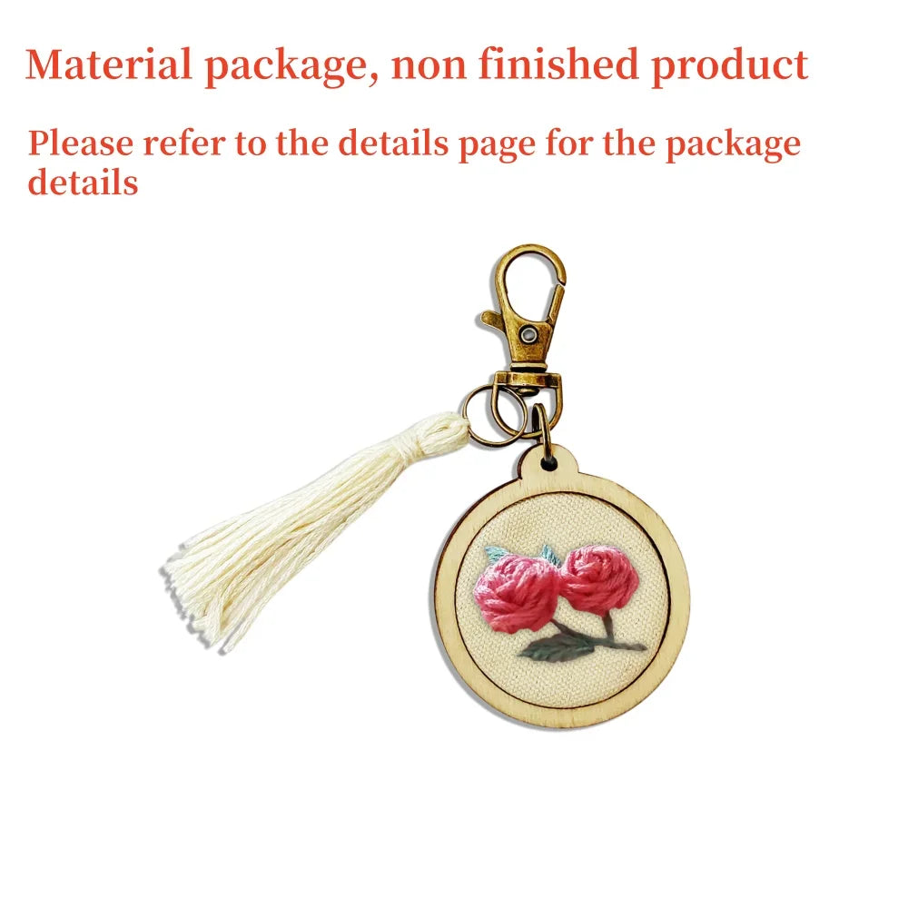 Mini Embroidery Keychain Accessory Set Embroidered Ring Frame Wooden Pendant Hand Embroidered DIY Keychain Handmade Material Kit Peaceful Pleasures Health and Wellness 5