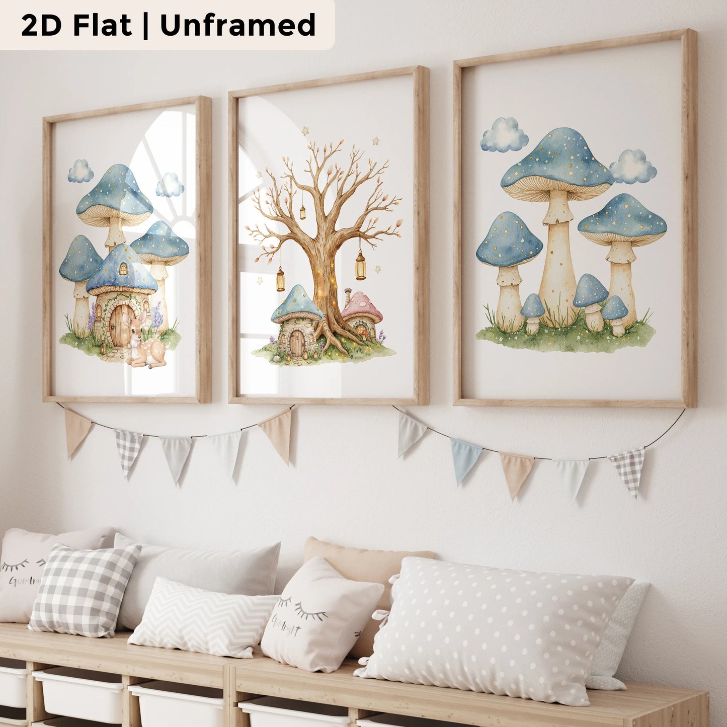 3-Piece Cartoon Mushroom Tree Canvas Wall Art | Kids Room Decor