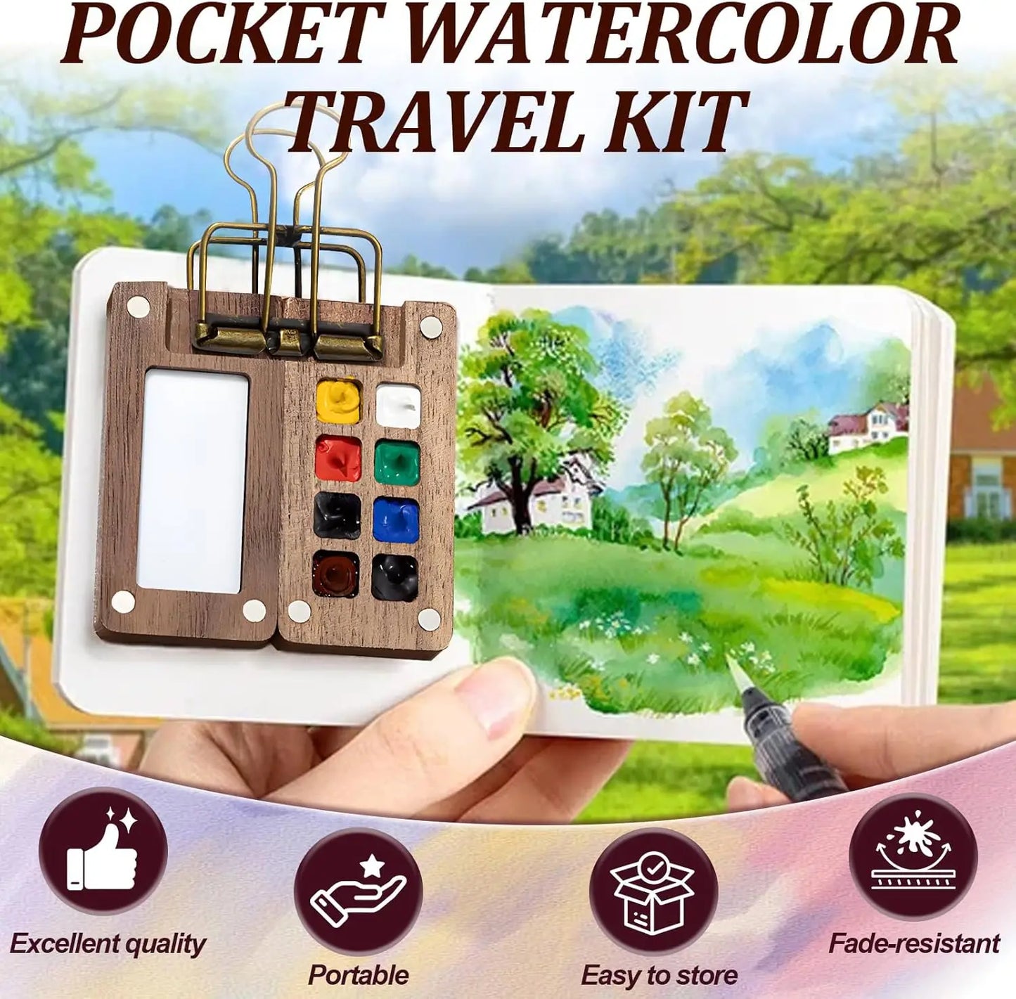 Mini Portable Watercolor Set – 8-Compartment Wooden Palette Kit
