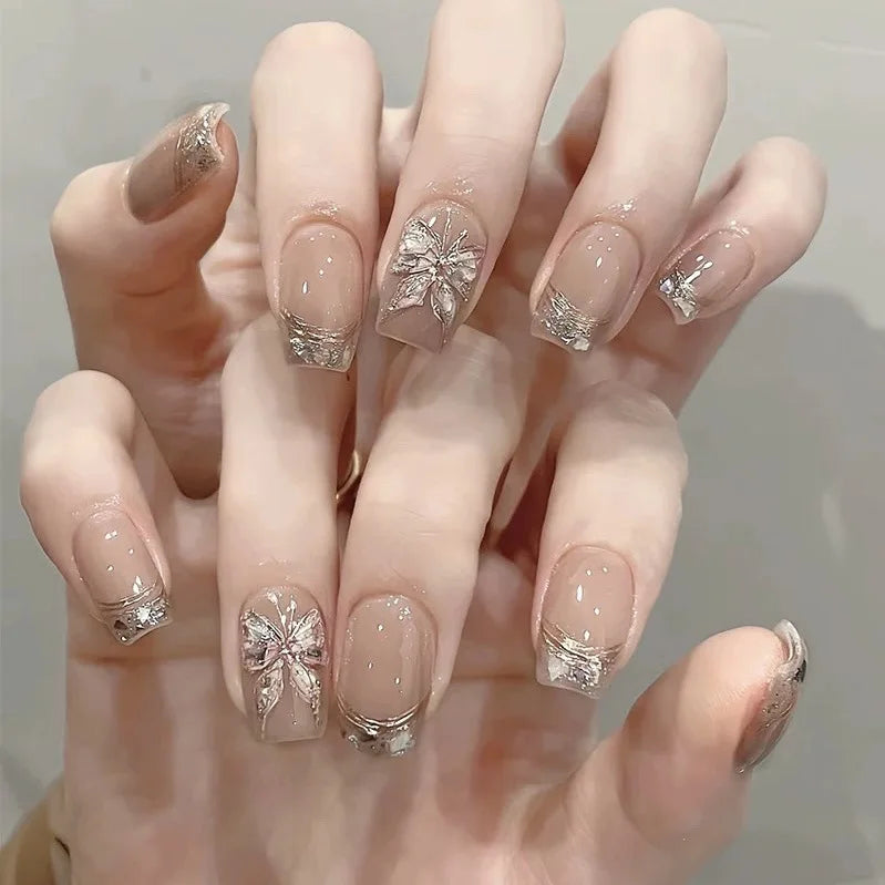 10pcs Handmade Short French Press on Nails with Gold Butterfly Design Fake Nails Wearable Reusable Fashion Nude False Nail Tips Peaceful Pleasures Health and Wellness