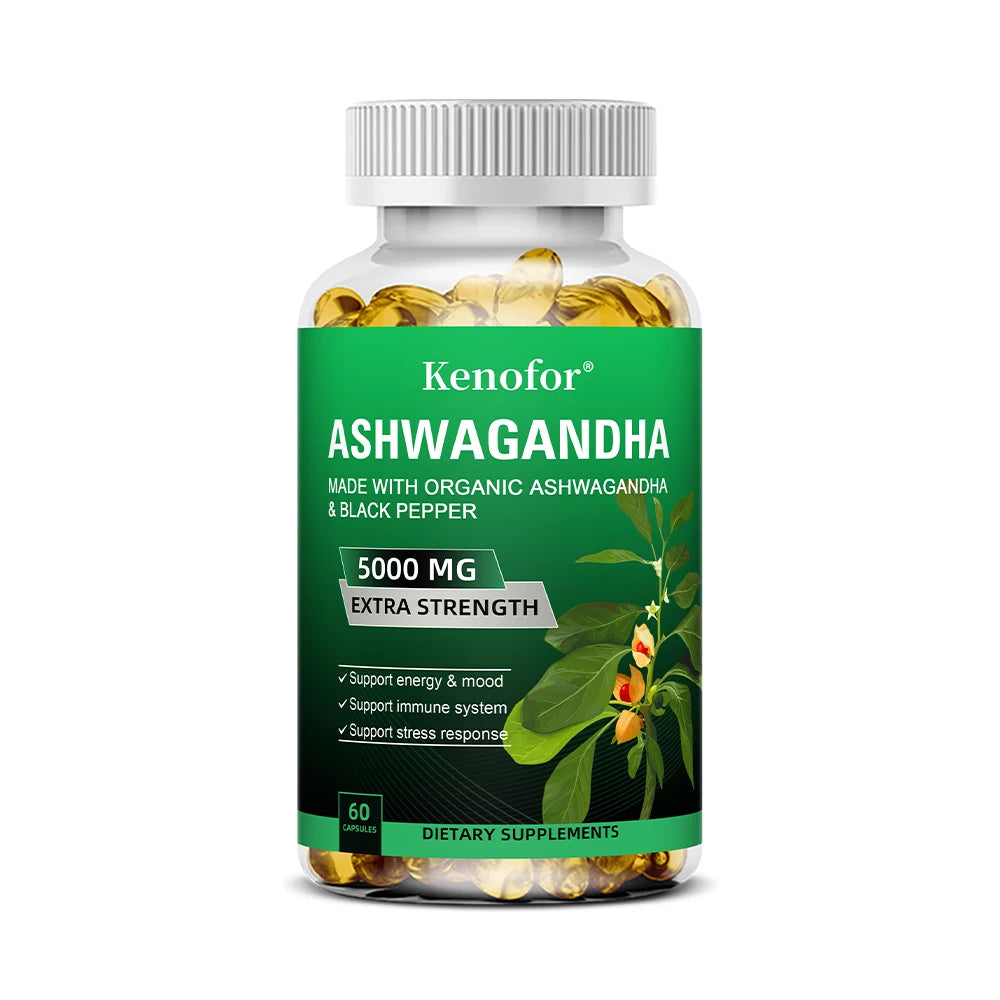 Pure Ashwagandha Root Extract Capsules 5000mg for Natural Mood, Stress, Focus, Brain, Energy , Sleep Health Peaceful Pleasures Health and Wellness 60 count-1 bottle