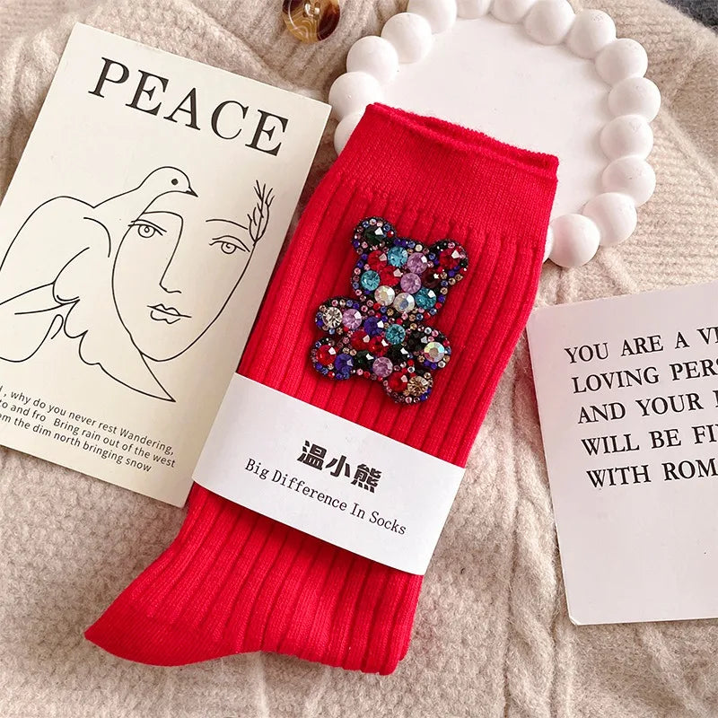 Diamond Cartoon Bear Decorative Socks, Fashionable Diamond Sparkling Women's Socks, Comfortable And Breathable Christmas Socks Peaceful Pleasures Health and Wellness Red One Size