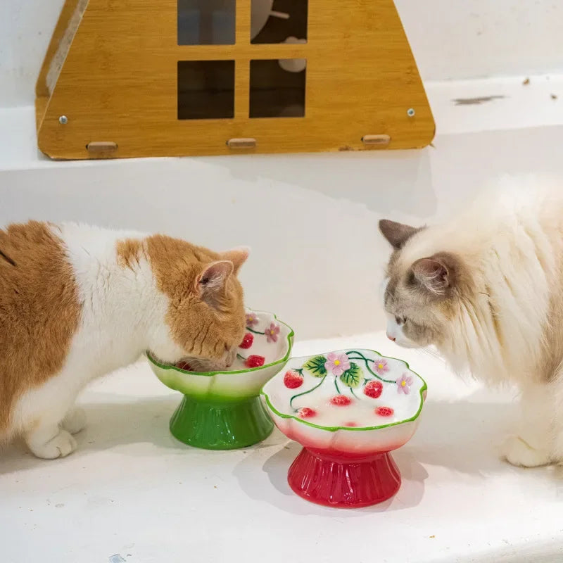 Ceramic Strawberry Slow Feeder Cat Bowl | Elevated Anti-Tip