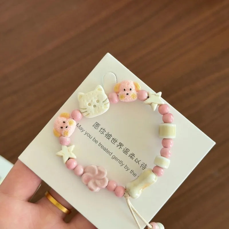 New Fashionable Cute Puppy Cat Bracelet Ceramic Cartoon High Beauty Couple's Girlfriend Bracelet Niche High Beauty Handmade Gift Peaceful Pleasures Health and Wellness pink