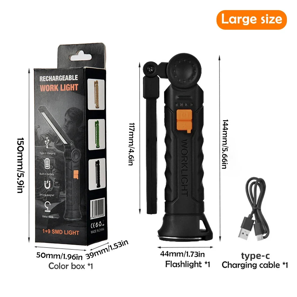Portable COB LED Work Light – Magnetic, Hook, Rechargeable 350LM