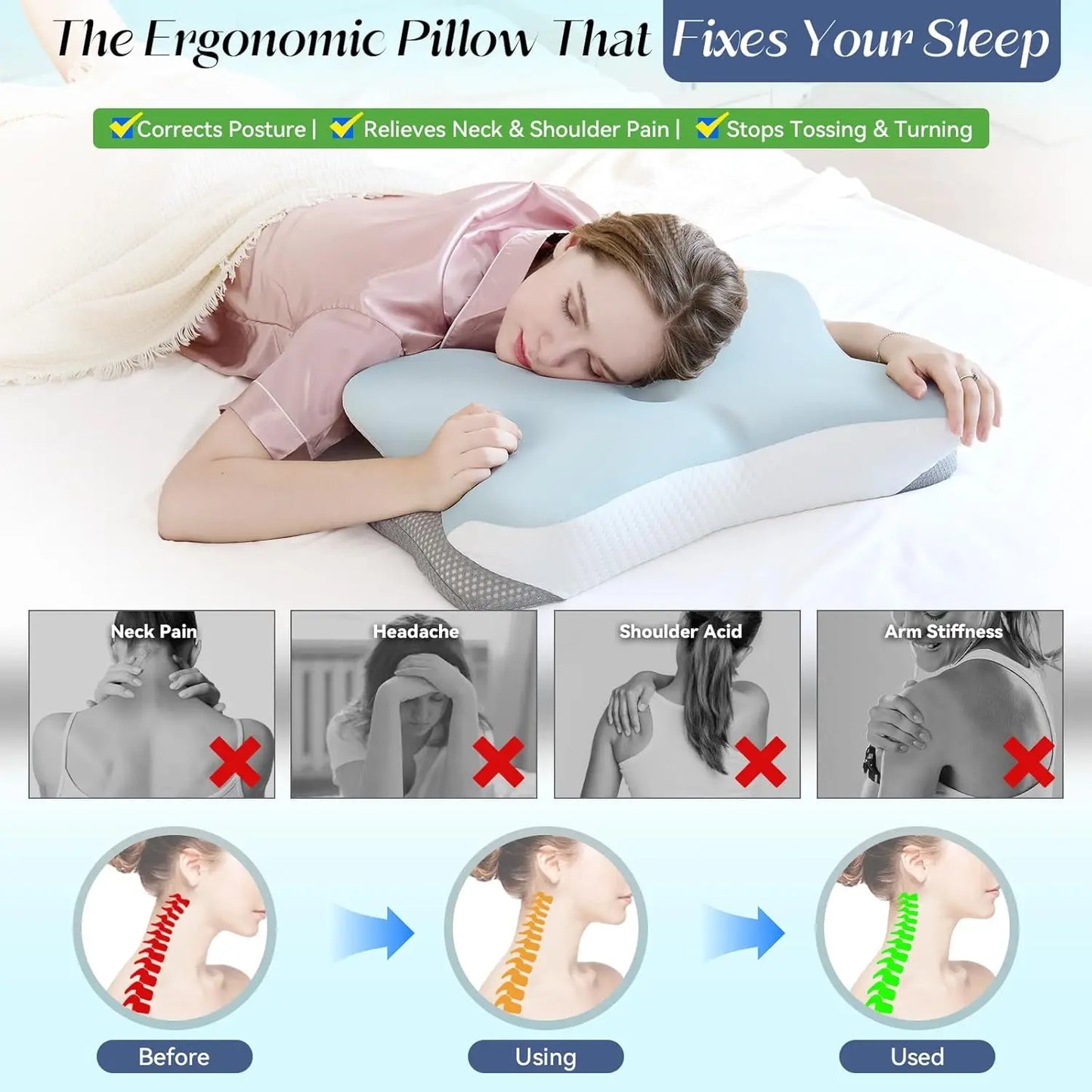 Woman using an ergonomic pillow with text highlighting its benefits on a white background.