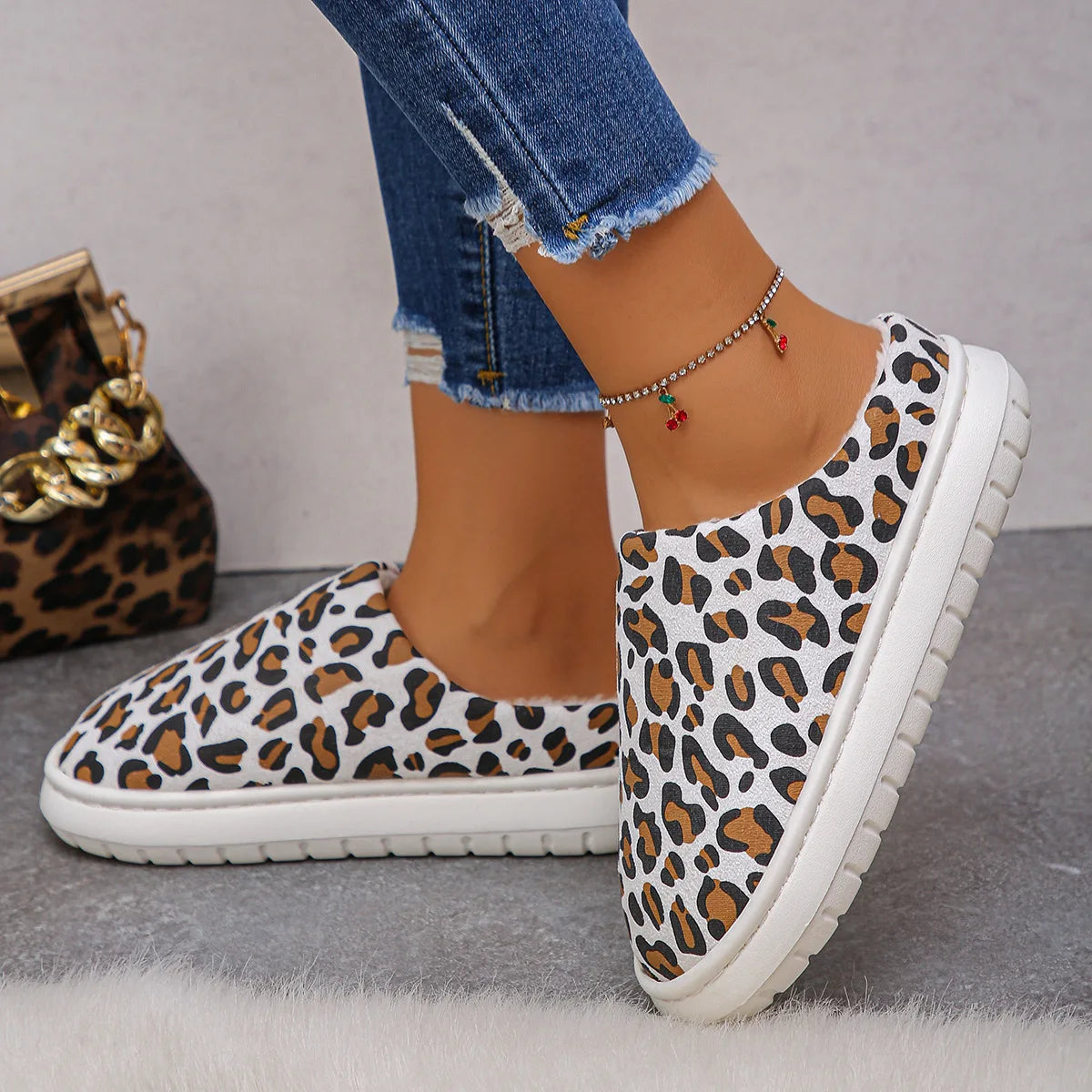 Women's Leopard Fluffy Fur House Slippers – Warm Non-Slip Indoor
