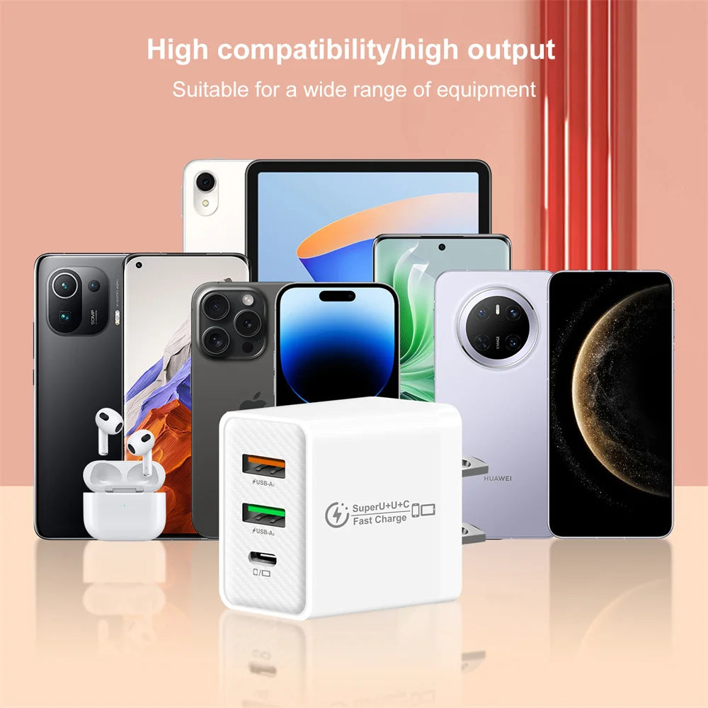 48W USB-C Fast Charger 3-Port PD QC3.0 Wall Adapter EU/US/UK