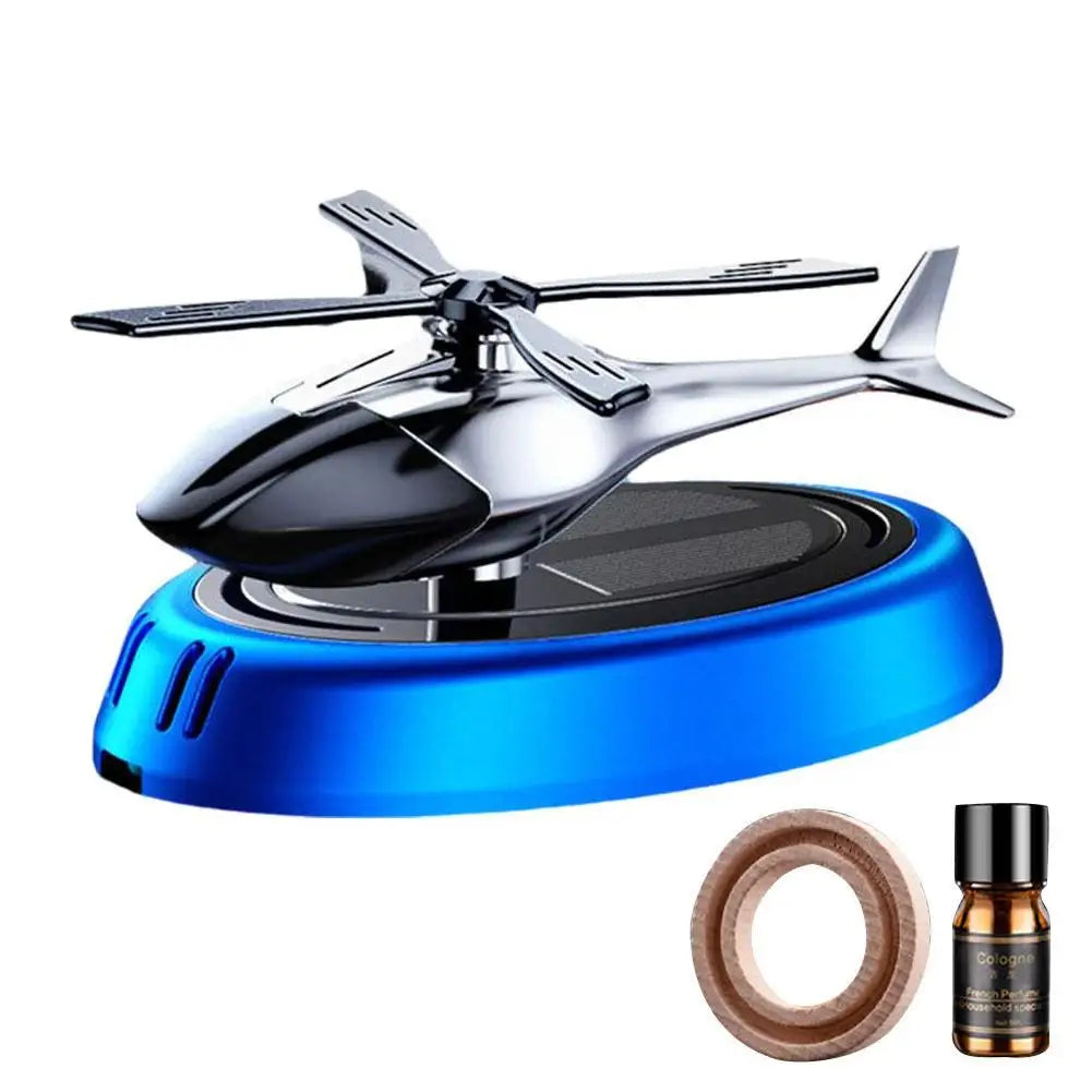 Solar Powered Rotation Helicopter Solar Aromatherapy Car Air Freshener Alloy+ABS Wooden Fragrance Auto Aroma Diffuser Peaceful Pleasures Health and Wellness Blue