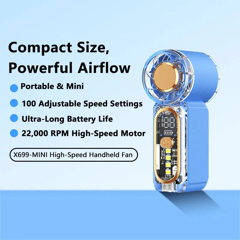 High Speed Small Fan USB Rechargeable Portable Handheld Strong Wind Pocket Fan Violent Air Cannon High Speed Turbo Fan Peaceful Pleasures Health and Wellness Blue