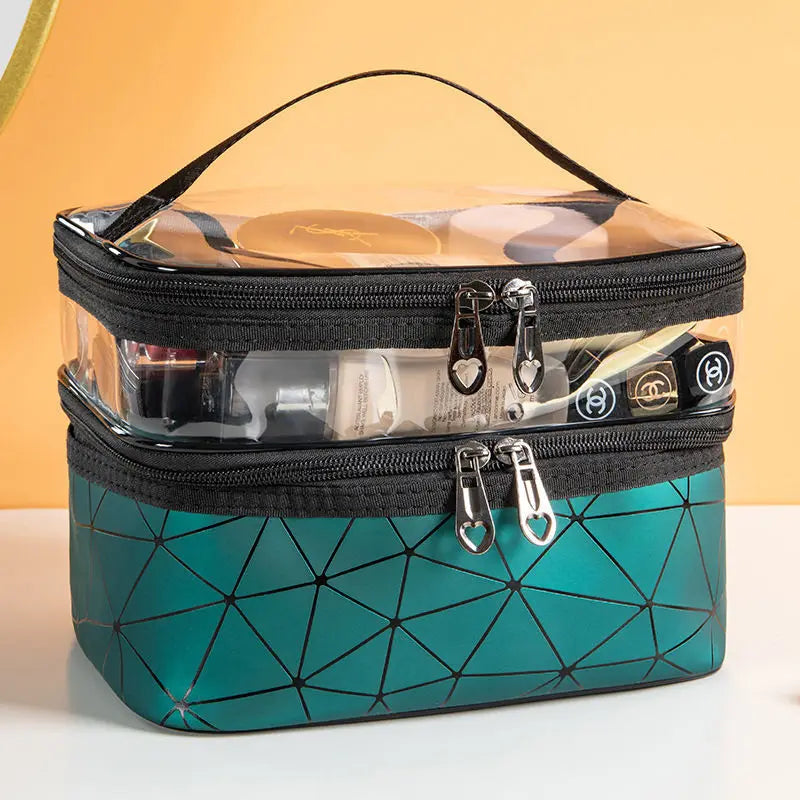 Double-layer Portable Large Capacity Makeup Bag Handheld Travel Waterproof Toiletry Bag Portable Cosmetics Storage Pouch Peaceful Pleasures Health and Wellness Green