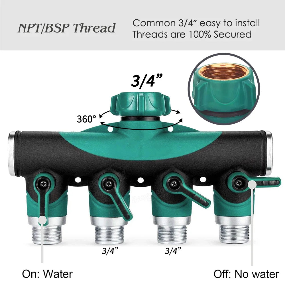 Heavy Duty Metal 4 Way 3/4'' Thread Faucet Splitters with Outdoor Water Tap Connectors Shut Off Valves for Garden Hose Adapter Peaceful Pleasures Health and Wellness