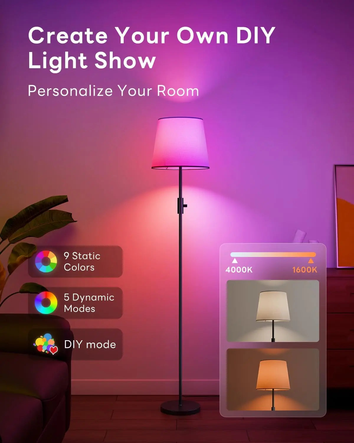 Floor lamp with customizable light settings in a room setting