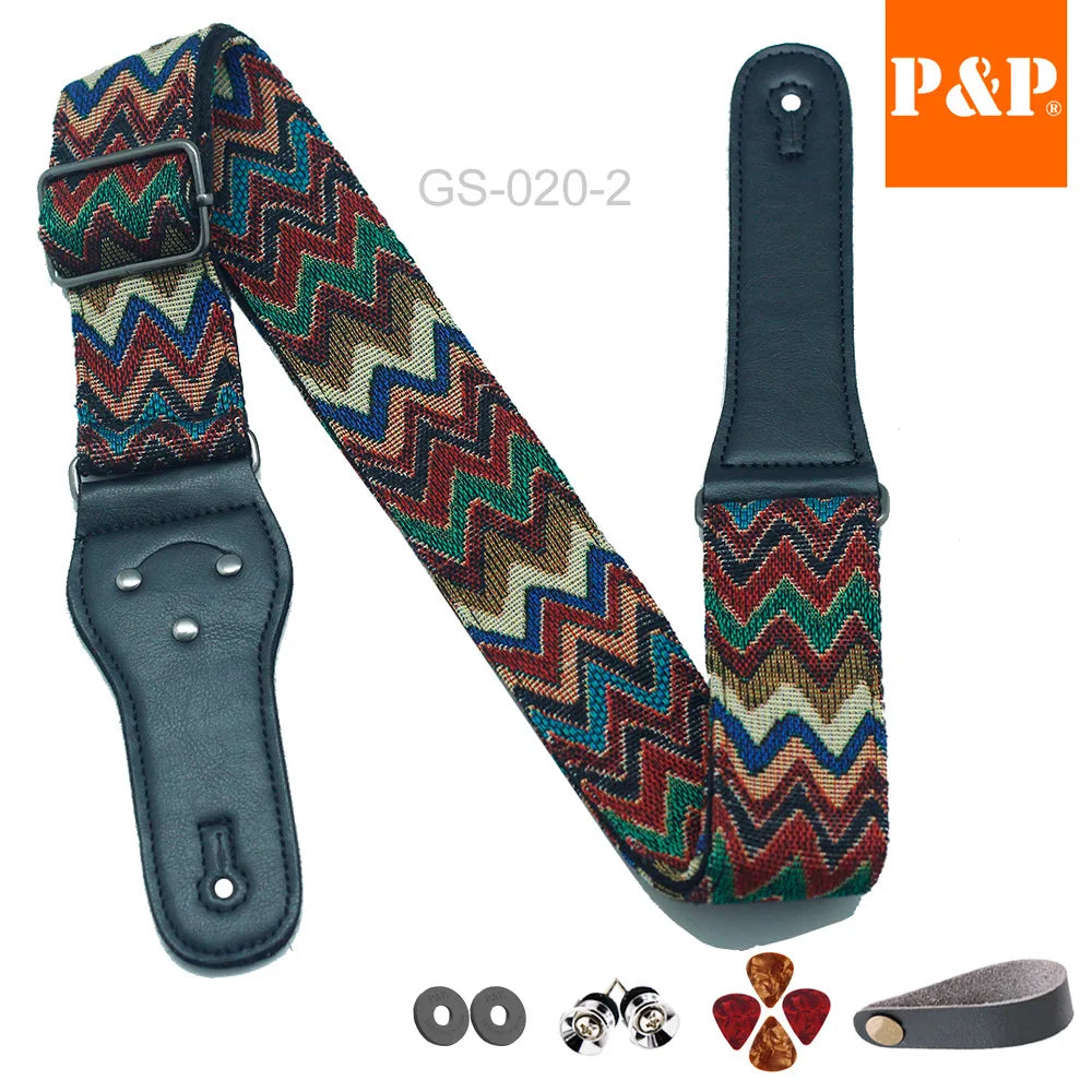 P&p Boho Embroidered Guitar Strap Cotton Adjustable Acoustic Electric
