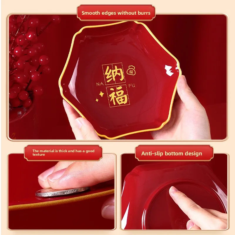 Hexagonal Fruit Plate Nafu Zhaocai Series Melamine Material New Year's Wedding Home High End Gold Edged Dried Fruit Snack Plate Peaceful Pleasures Health and Wellness