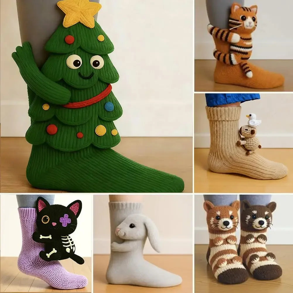 3D Knit Animal Socks Cute Floor Socks Hand Crocheted Double Layer Warm Sock with Cute Rabbit Panda Animals Christmas Gifts Peaceful Pleasures Health and Wellness