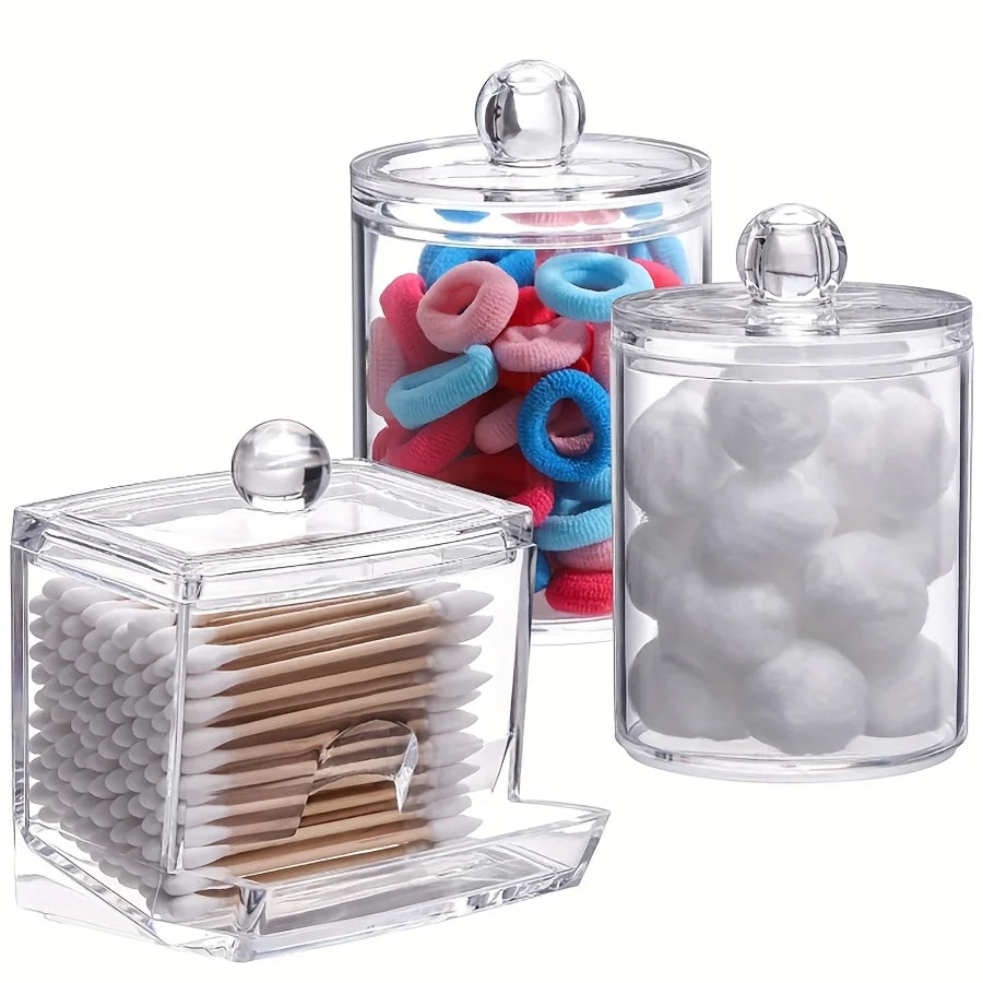3pc Qtip Dispenser & Apothecary Jar Organizer Set – Bathroom Storage for Cotton Swabs, Balls & Round Pads (10/7 oz)