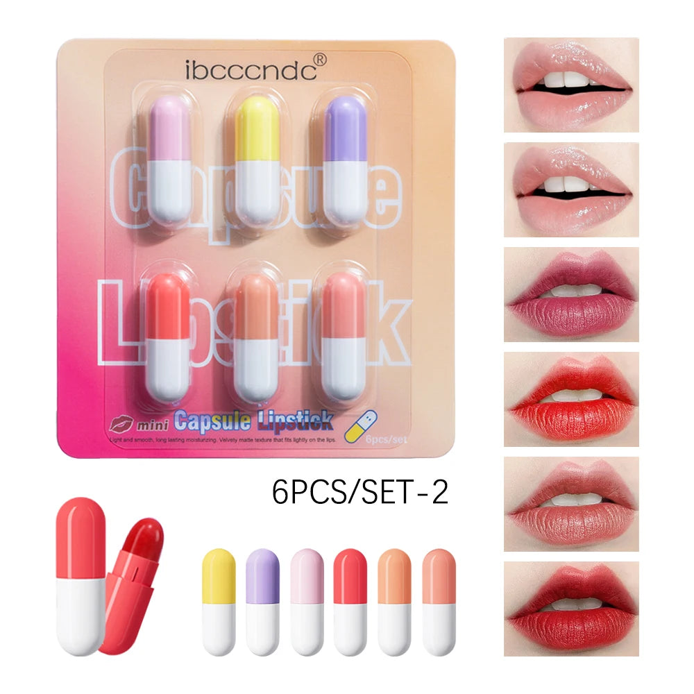 6pcs/set Mini Cute Capsule Lipstick Set with Lip Balm Moisturizing Waterproof Non-stick Cup Carry Pill Lipstick Lips Makeup Gift Peaceful Pleasures Health and Wellness