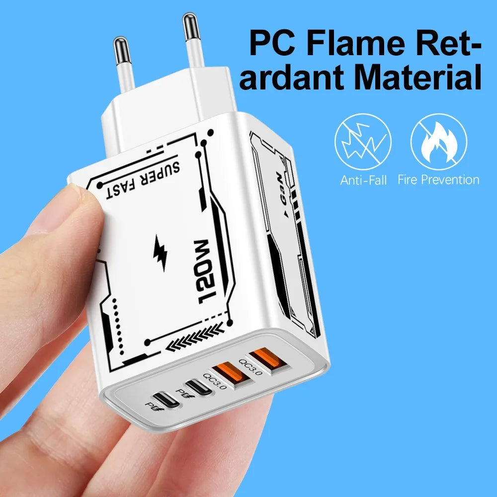 120W USB-C PD Fast Charger 4-Port Wall Adapter QC 3.0 EU/US