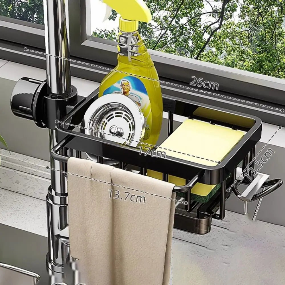 Space Aluminum Kitchen Sink Drain Rack Bathroom Organizer Soap Drainer Shelf Sponge Storage Basket Save Space Multipurppse Peaceful Pleasures Health and Wellness Black-On Right