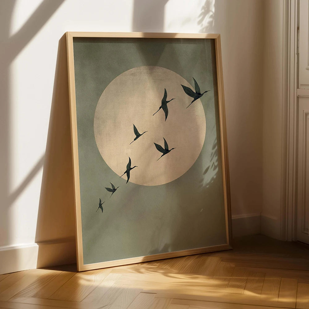 Sage Green Gold Japandi Art Print Flying Birds Wall Art Abstract Sun Art Living Room Decor Japanese Wall Art Bedroom Decor Gift Peaceful Pleasures Health and Wellness CJ54298 35x45cm