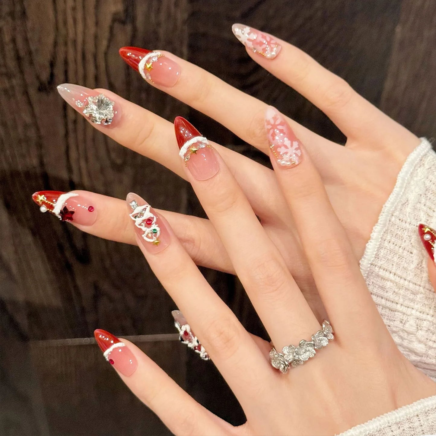 Christmas Press-On Nails 3D Snowman Crystal Cat's Eye 10pcs