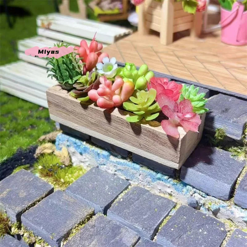 Miniature Wooden Trough Plant Pot Dollhouse Decor Ornament