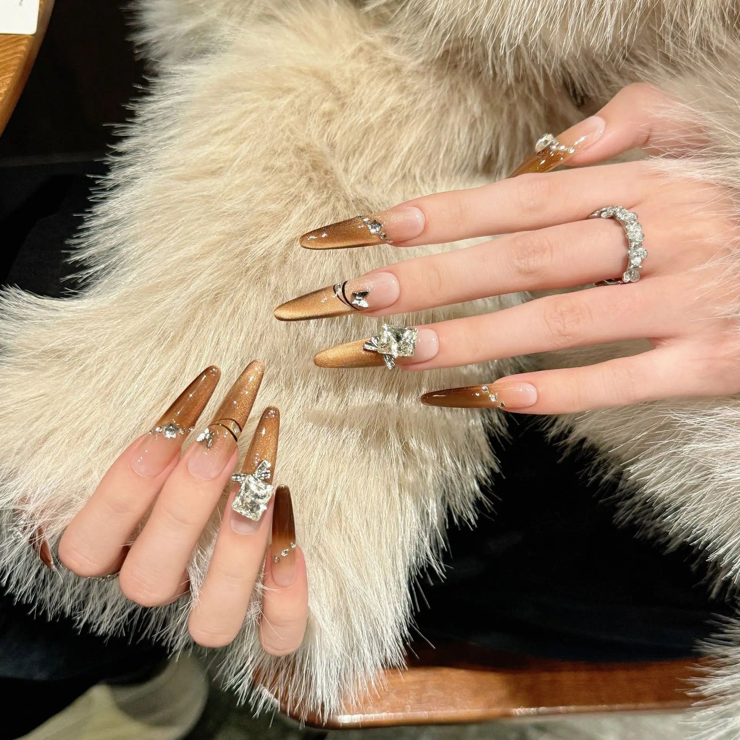 Crystal Cat Eye Press-On Nails | Long Oval French False Nails