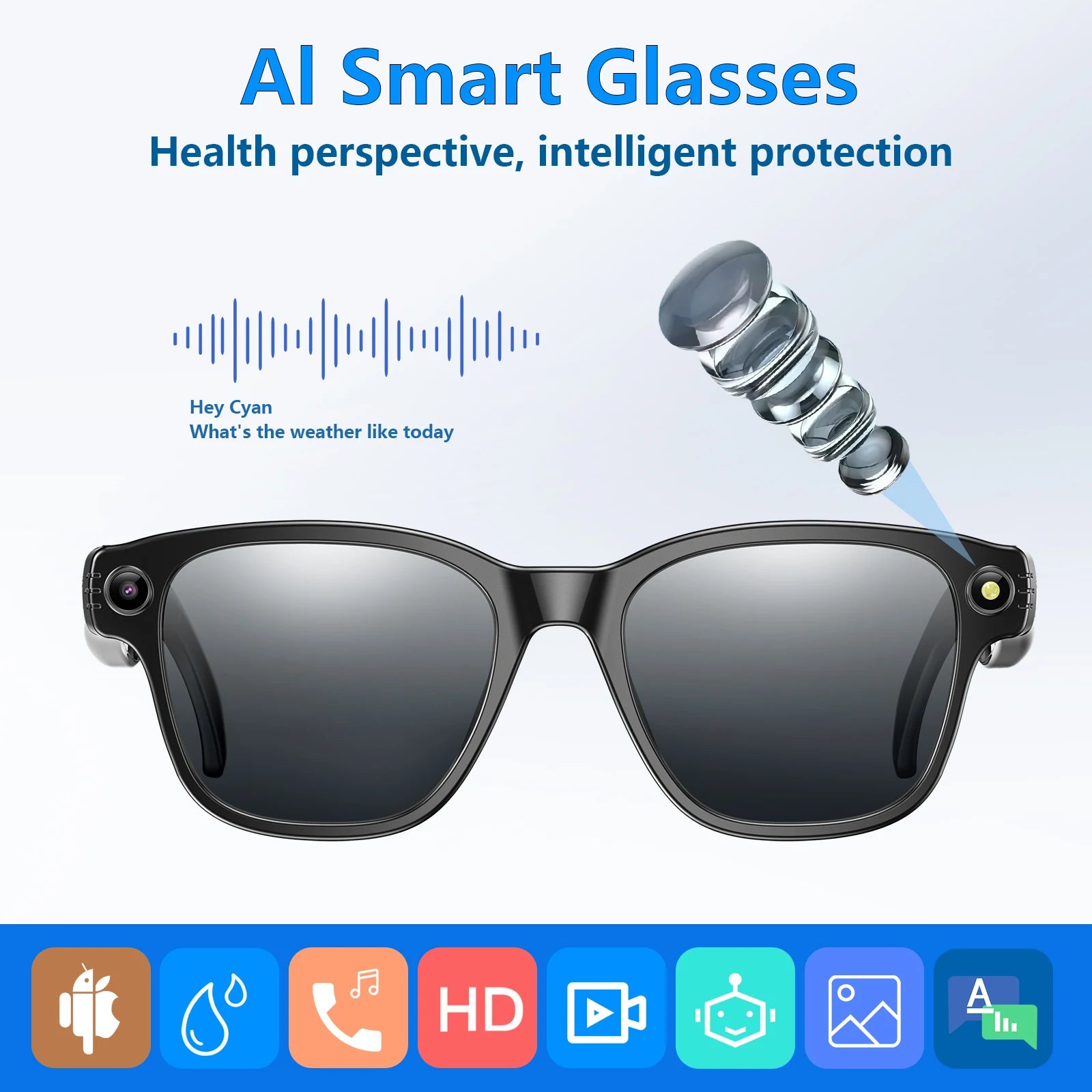 AI Smart Glasses Translator Visual 800W Camera Anti-Shake 1200P High Video Recording Bluetooth Voice Assistant Control AI Glasse Peaceful Pleasures Health and Wellness