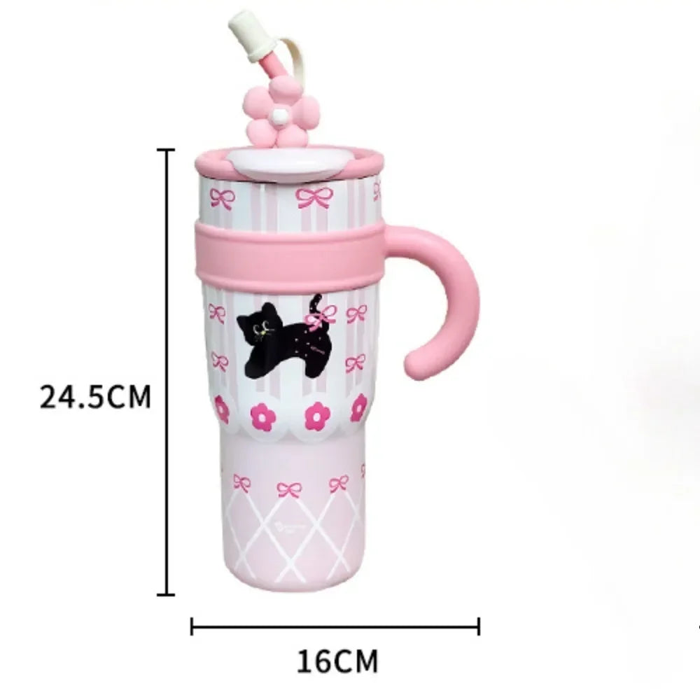 Tumbler with Handle Lid Straw Cute Cat Thermos Cup Stainless Steel Water Bottle Outdoor Travel Coffee Mug Gift Large Capacity Peaceful Pleasures Health and Wellness