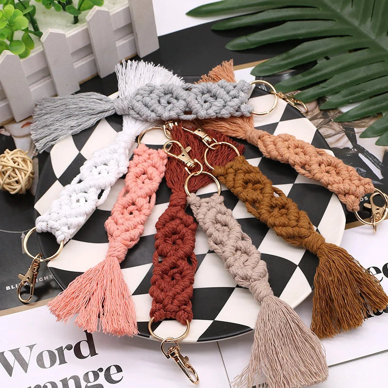 Boho Macrame Braided Keychain Wristlet Bracelet Key Fob Strap