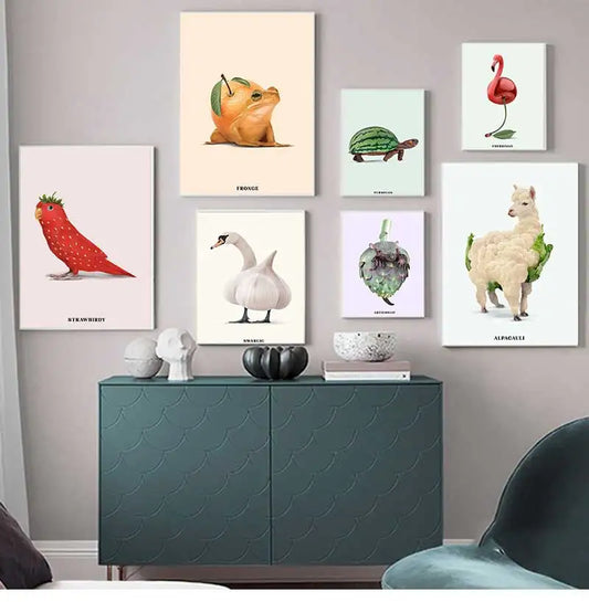 Funny Fruit Animal Poster, Kitchen Canvas Painting, Garlic, Goose,Cauliflower, Sheep Wall Picture, Living Room Decor Peaceful Pleasures Health and Wellness