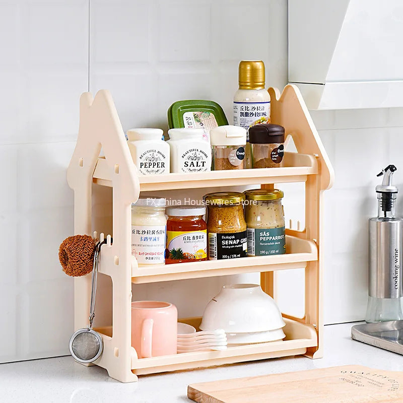 Small House Style 2/3 Layer Kitchen Spice Rack Organizer Plastic Condiment Bottle Shelf for Counter/Bathroom/Desktop Peaceful Pleasures Health and Wellness
