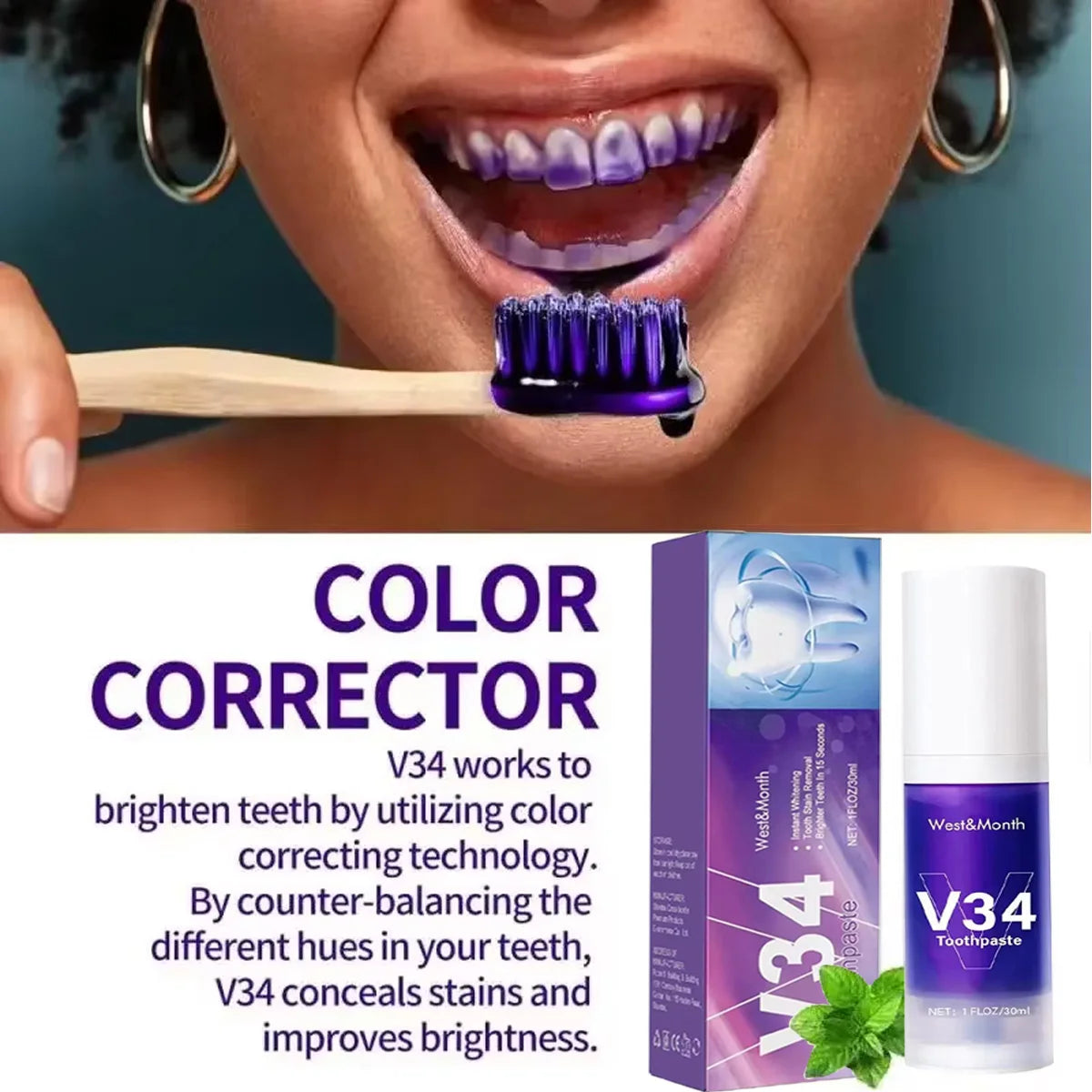 30ml V34 SmileKit Purple Toothpaste Clean Oral Hygiene Fresh Breath Removes Tartar Teeth Whitening Products Toothpaste Squeezer Peaceful Pleasures Health and Wellness