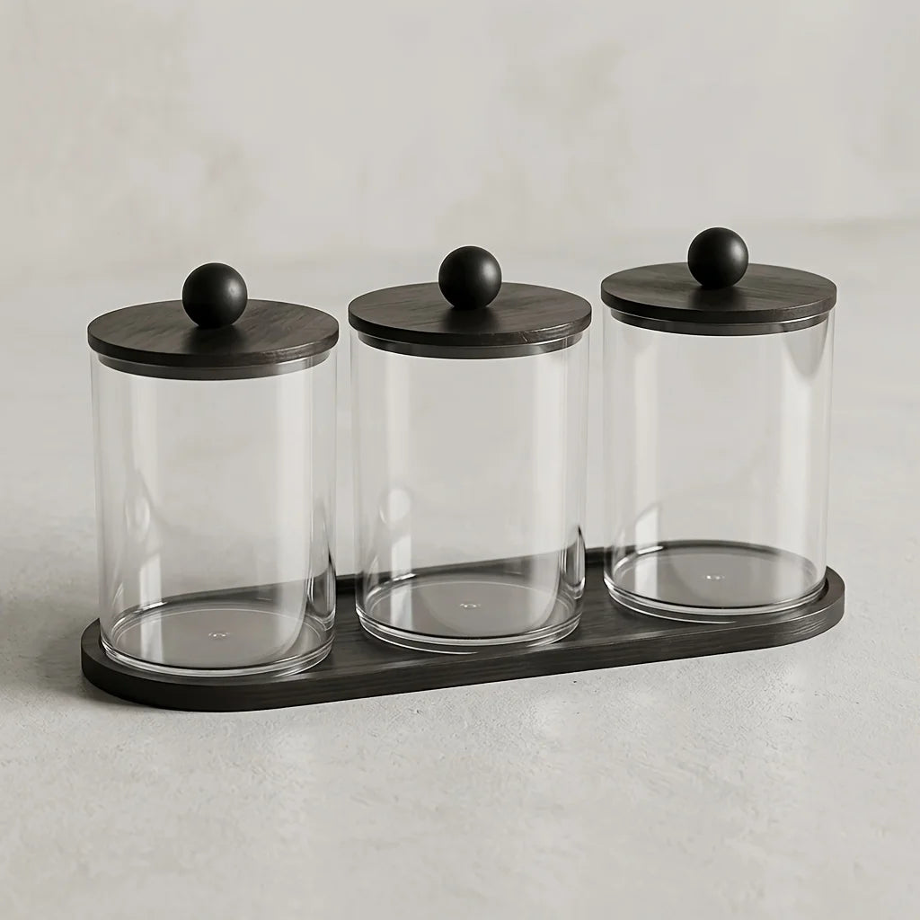 3-Pack Q-Tip Holder & Apothecary Jar Set with Tray – Cotton Swab & Dental Floss Organizer