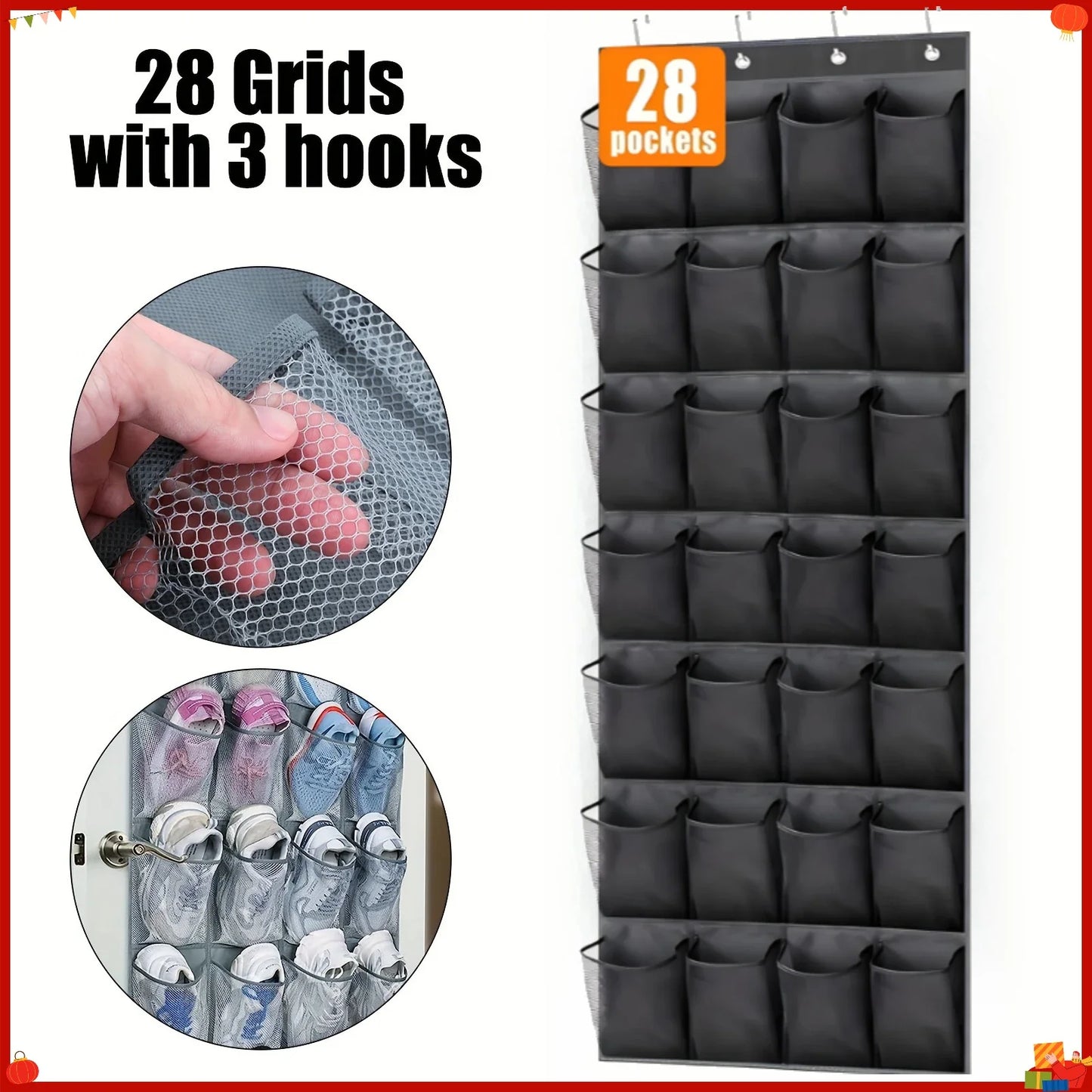 28-Pocket Over-The-Door Hanging Shoe Organizer | Mesh Storage