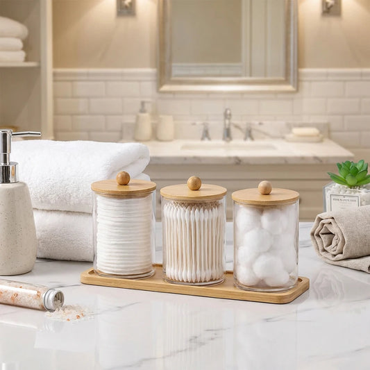 Clear Acrylic Bathroom Canister with Tray Plastic Apothecary Jars Storage box Bathroom Organizers for Qtip, Cotton Balls, Floss Peaceful Pleasures Health and Wellness