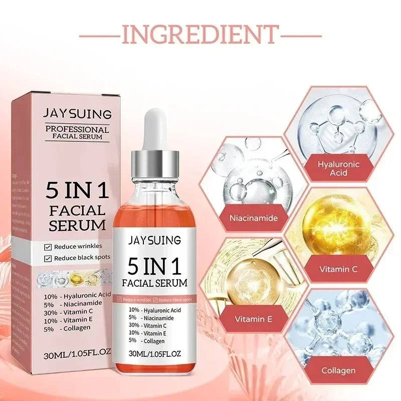Jaysuing 5 In 1 Hyaluronic Acid Face Serum 30ml Moisturizing Vitamin C Collagen Lightning Facial Serum Shrink Pores Skin Care Peaceful Pleasures Health and Wellness