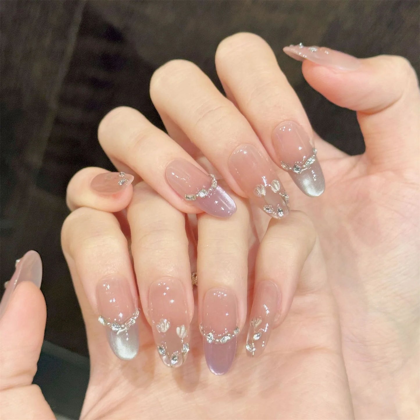 Handmade Press-On Nails Pink Gradient Cat Eye Coffin 10pcs