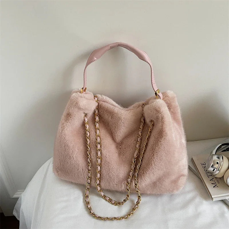 Practical Retro Plush Bag for Women Large Capacity Tote Shoulder Handbag Autumn Winter Fashionable Versatile for Daily Commuting Peaceful Pleasures Health and Wellness Pink