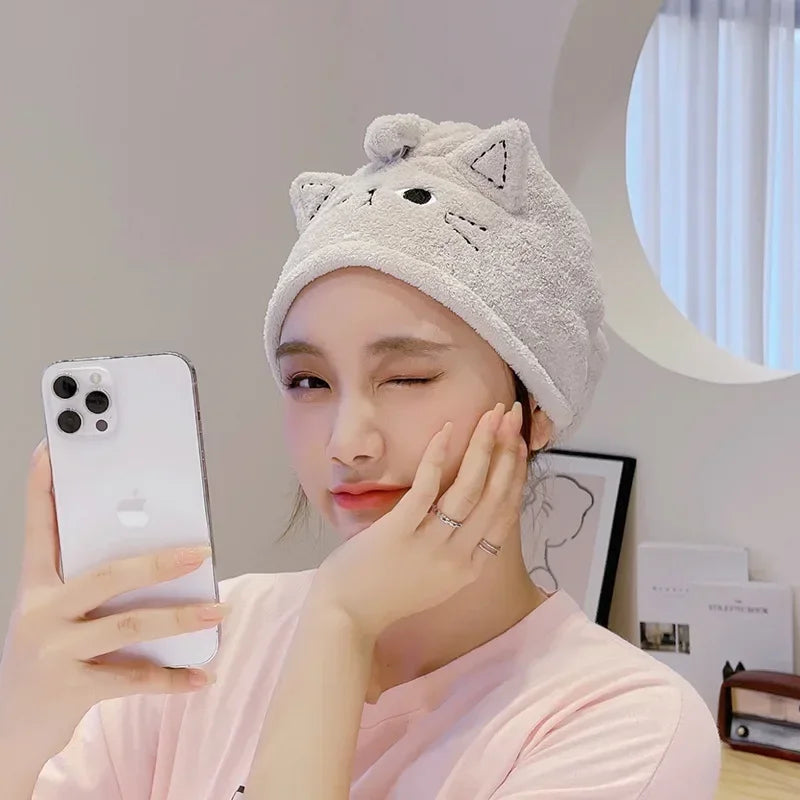 Quick-Dry Microfiber Hair Towel Cap – Cute Cat Turban for Women