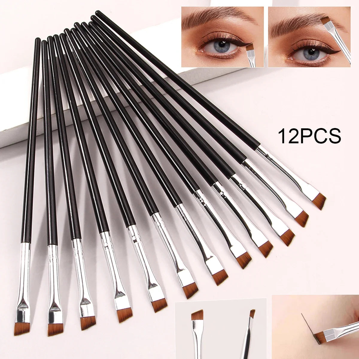 12pcs ultra-fine blade eyeliner brush Super soft makeup brush Portable eyebrow brush Multi functional multi-purpose makeup tool Peaceful Pleasures Health and Wellness C705-black 12pcs