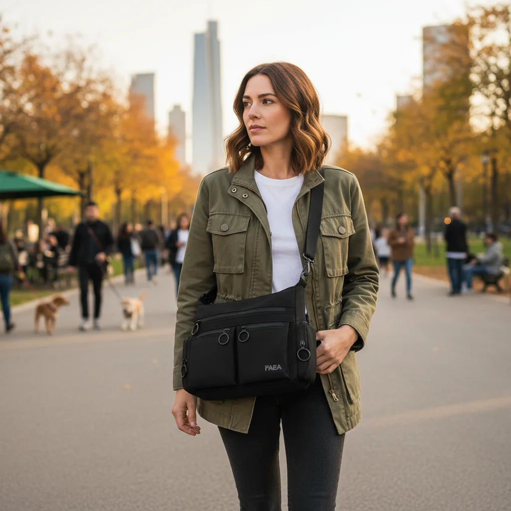 Unisex Multi-Pocket Utility Shoulder Bag Square Design Glossy Material for Casual and Commute Use Peaceful Pleasures Health and Wellness