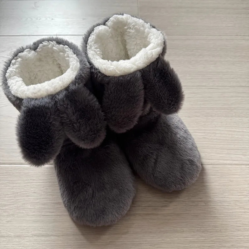 Women's Rabbit Ear Fuzzy Plush Slipper Boots | Warm Indoor Shoes
