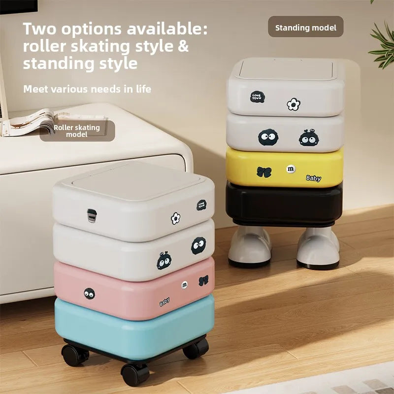 Cartoon Trash Bin with Lid Large Capacity Multi-Functional Mobile Wastebasket Modern Household Storage Organizer Wheels Peaceful Pleasures Health and Wellness