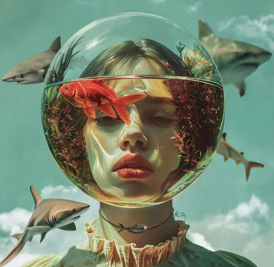 Surrealism Woman Portrait Canvas Painting Wall Art Wonderful Fantasy Fish and Girl Poster Prints for Living Room Home Decor Peaceful Pleasures Health and Wellness ZLH3544 20x20cm Unframed
