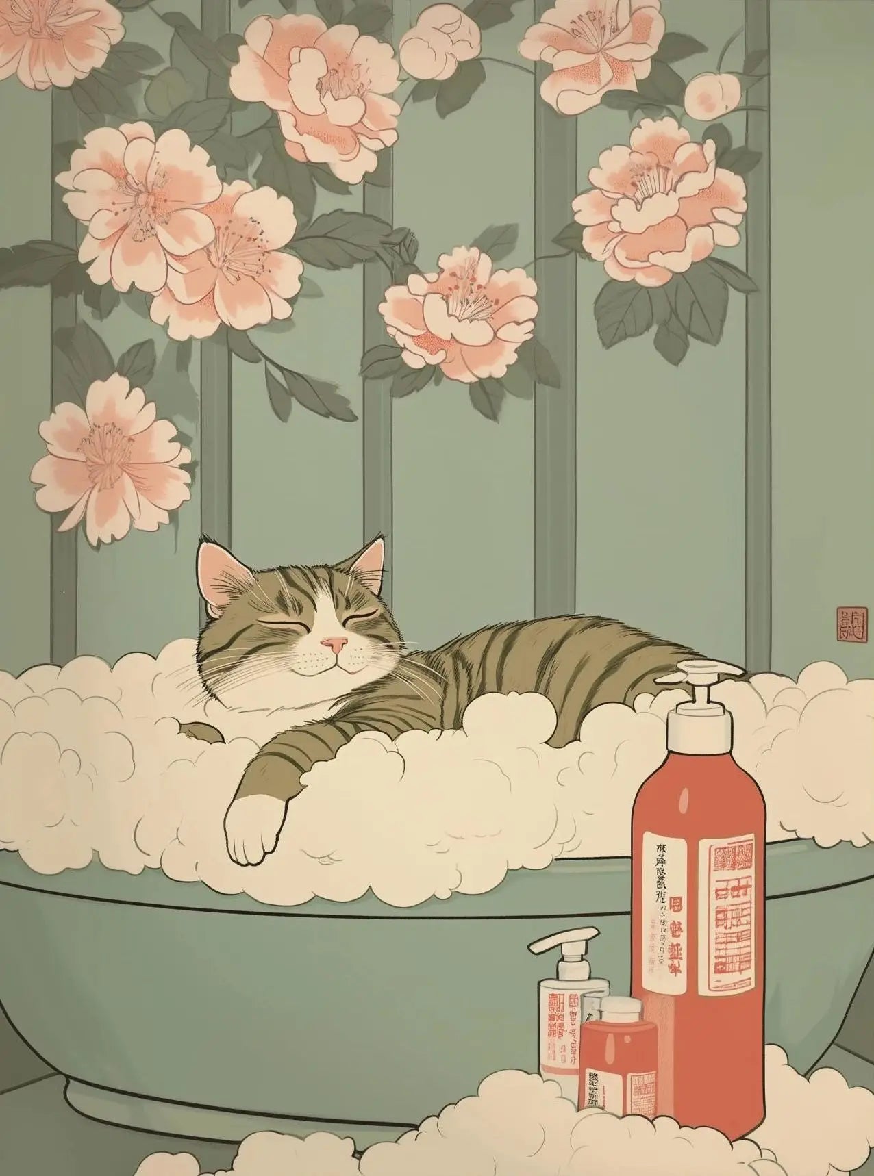 Japanese Cherry Blossom Cat Hot Spring Canvas Wall Art Print Canvas Wall Art Print Peaceful Pleasures Health and Wellness