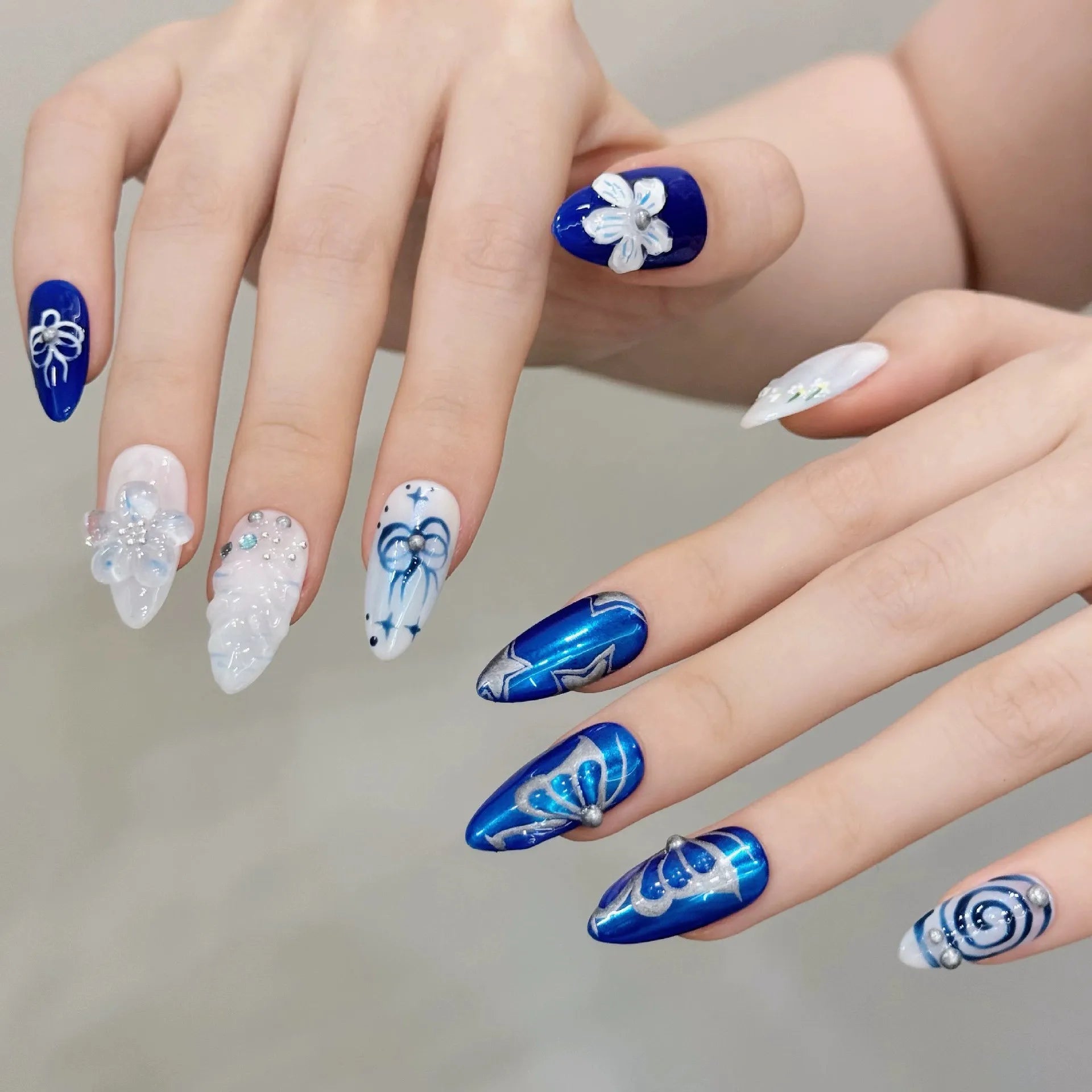 Handmade Press on Nails Blue Island Butterfly False Nails Wearable 3D Flower Decor Long Carved Almond Spice Girls Fake Nail Tips Peaceful Pleasures Health and Wellness